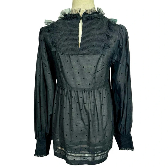 THE GREAT. The Portrait Tulle-Trimmed Flocked Cotton-Blend Voile Smocked Blouse - Picture 12 of 16